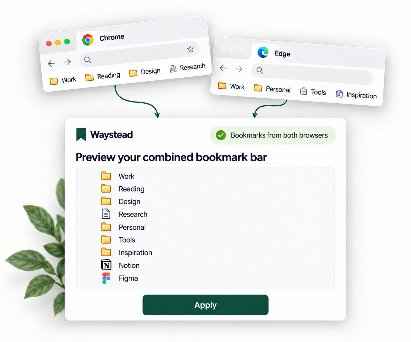 Illustration of bookmark bars from Chrome and Edge combined into a read-only preview before applying